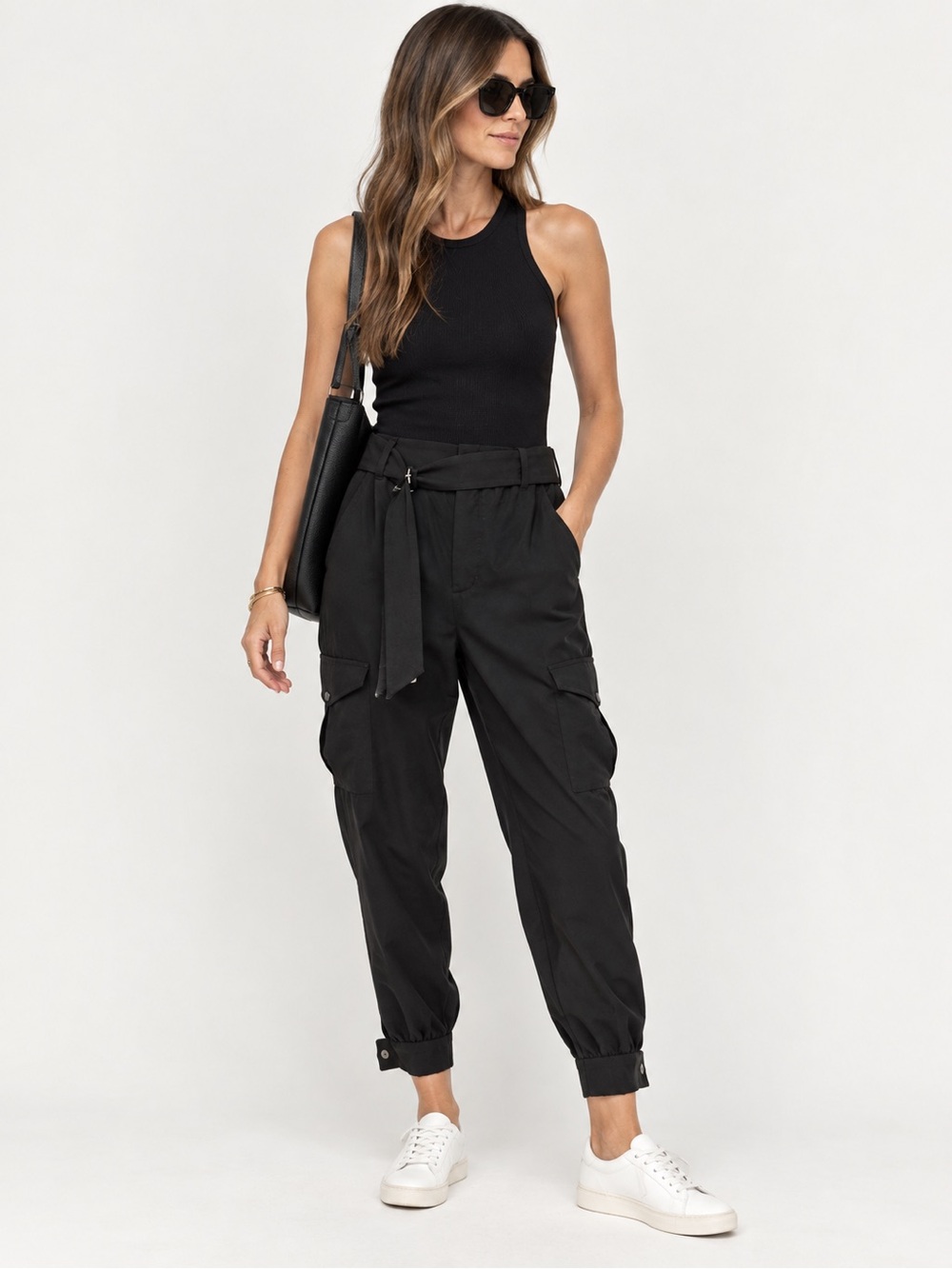 Zara Black Belted Cargo Jogger Utility Pants Size M